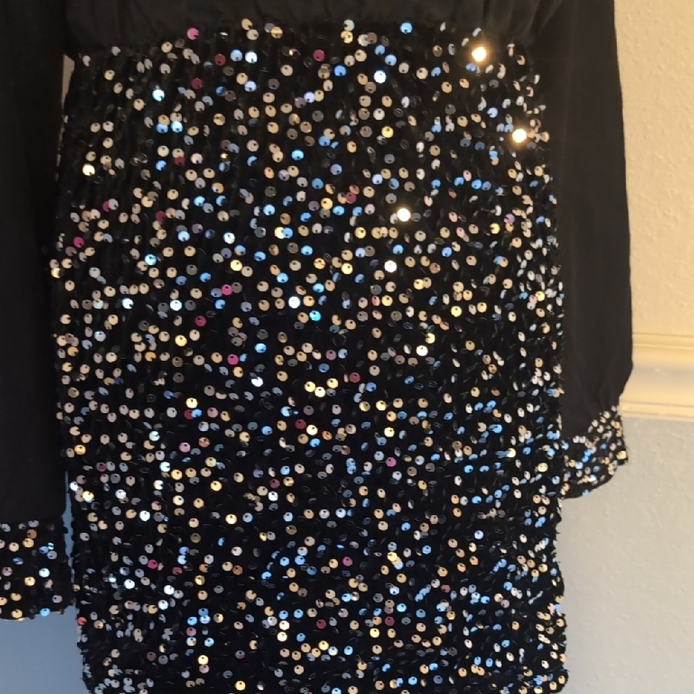 Black Sequin Dress with Long Sleeves - Picture 2 of 5